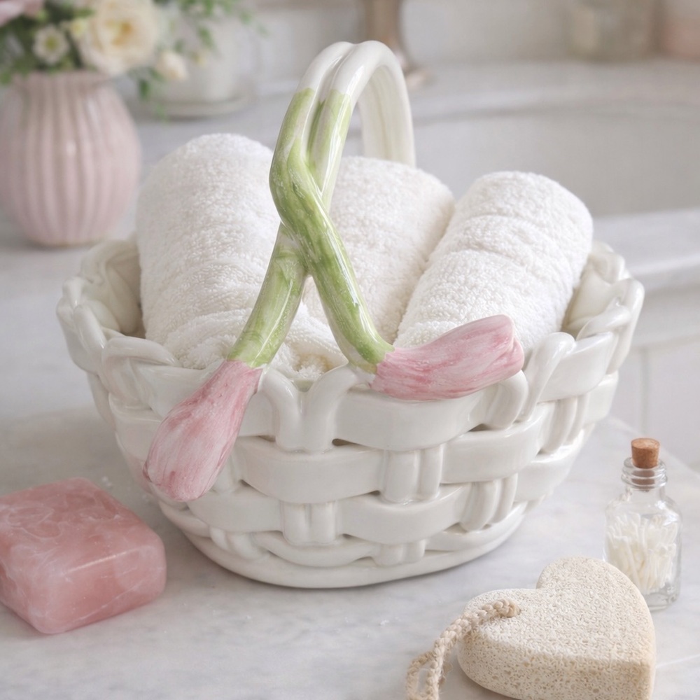 Vintage Studio Nova Portugal Tulip Basket 🌷 Woven Ceramic Easter Spring Garden